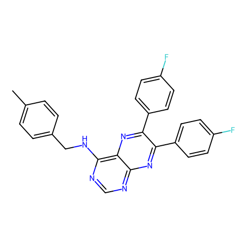 6,7-bis(4-fluorophenyl)-N-(p-tolylmethyl)pteridin-4-amine structure