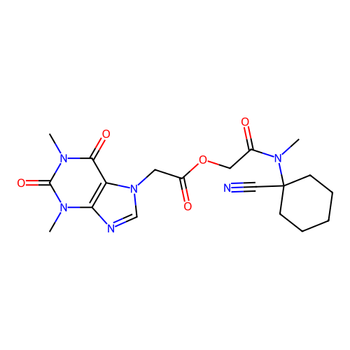 [(1-cyanocyclohexyl)-methyl-carbamoyl]methyl 2-(1,3-dimethyl-2,6-dioxo-purin-7-yl)acetate structure