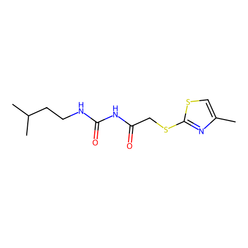 N-(3-methylbutylcarbamoyl)-2-[(4-methyl-1,3-thiazol-2-yl)sulfanyl]acetamide structure
