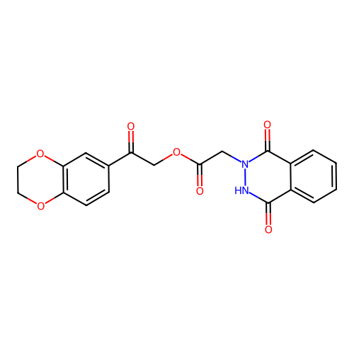 [2-(2,3-dihydro-1,4-benzodioxin-6-yl)-2-oxoethyl] 2-(1,4-dioxo-3H-phthalazin-2-yl)acetate structure
