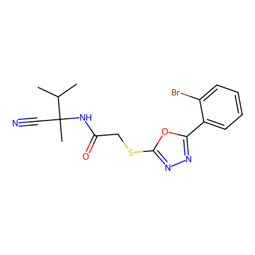 2-[[5-(2-bromophenyl)-1,3,4-oxadiazol-2-yl]sulfanyl]-N-(2-cyano-3-methylbutan-2-yl)acetamide structure