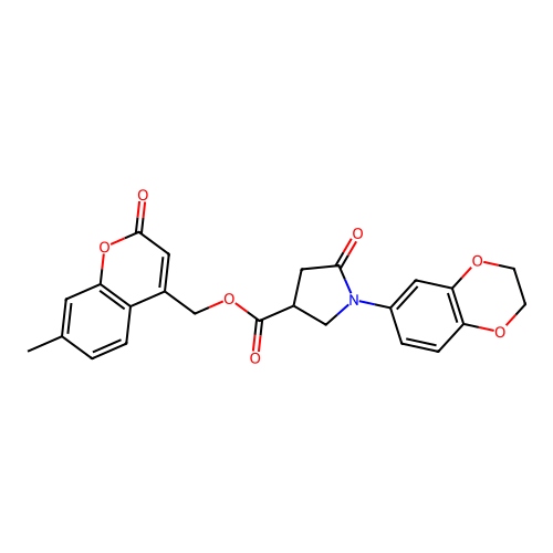 (7-methyl-2-oxochromen-4-yl)methyl 1-(2,3-dihydro-1,4-benzodioxin-6-yl)-5-oxopyrrolidine-3-carboxylate structure