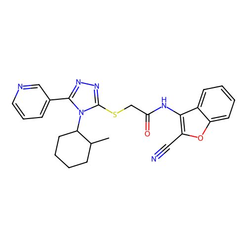 N-(2-cyano-1-benzofuran-3-yl)-2-[[4-(2-methylcyclohexyl)-5-pyridin-3-yl-1,2,4-triazol-3-yl]sulfanyl]acetamide structure