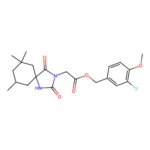 (3-fluoro-4-methoxyphenyl)methyl 2-(7,7,9-trimethyl-2,4-dioxo-1,3-diazaspiro[4.5]decan-3-yl)acetate structure