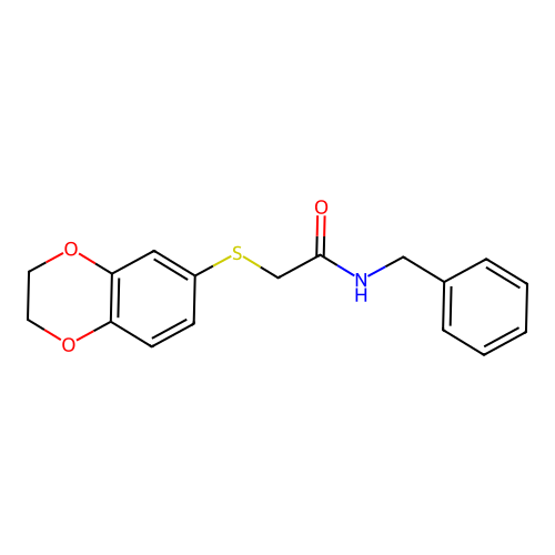 N-benzyl-2-(2,3-dihydro-1,4-benzodioxin-6-ylsulfanyl)acetamide structure