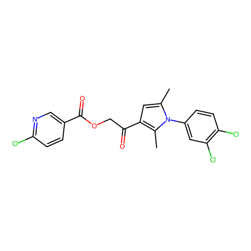 [2-[1-(3,4-dichlorophenyl)-2,5-dimethyl-pyrrol-3-yl]-2-oxo-ethyl] 6-chloropyridine-3-carboxylate structure