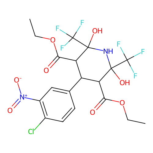 diethyl 4-(4-chloro-3-nitrophenyl)-2,6-dihydroxy-2,6-bis(trifluoromethyl)piperidine-3,5-dicarboxylate structure