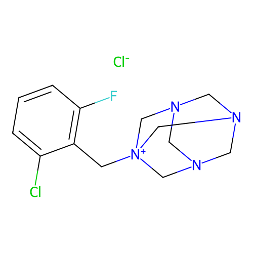 1-(2-chloro-6-fluorobenzyl)-3,5,7-triaza-1-azoniatricyclo[3.3.1.1~3,7~]decane chloride structure
