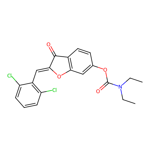 (2Z)-2-(2,6-dichlorobenzylidene)-3-oxo-2,3-dihydro-1-benzofuran-6-yl diethylcarbamate structure