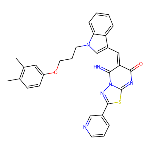 (E)-6-((1-(3-(3,4-dimethylphenoxy)propyl)-1H-indol-3-yl)methylene)-5-imino-2-(pyridin-3-yl)-5H-[1,3,4]thiadiazolo[3,2-a]pyrimidin-7(6H)-one structure