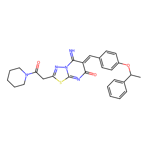 (6Z)-5-imino-2-(2-oxo-2-piperidin-1-ylethyl)-6-[[4-(1-phenylethoxy)phenyl]methylidene]-[1,3,4]thiadiazolo[3,2-a]pyrimidin-7-one structure