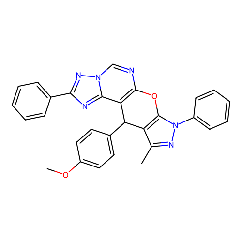 11-(4-methoxyphenyl)-10-methyl-2,8-diphenyl-8,11-dihydropyrazolo[4',3':5,6]pyrano[3,2-e][1,2,4]triazolo[1,5-c]pyrimidine structure