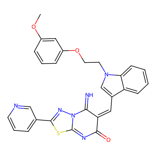 (E)-5-imino-6-((1-(2-(3-methoxyphenoxy)ethyl)-1H-indol-3-yl)methylene)-2-(pyridin-3-yl)-5H-[1,3,4]thiadiazolo[3,2-a]pyrimidin-7(6H)-one structure