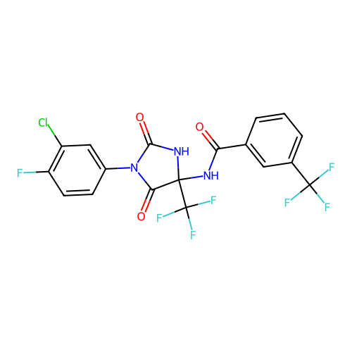 N-(1-(3-chloro-4-fluorophenyl)-2,5-dioxo-4-(trifluoromethyl)imidazolidin-4-yl)-3-(trifluoromethyl)benzamide structure