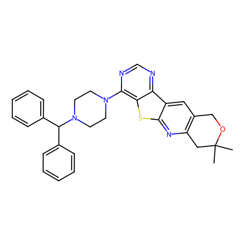 4-(4-benzhydrylpiperazin-1-yl)-8,8-dimethyl-8,10-dihydro-7H-pyrano[3'',4'':5',6']pyrido[3',2':4,5]thieno[3,2-d]pyrimidine structure