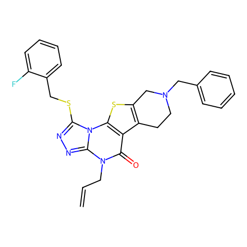 4-allyl-8-benzyl-1-((2-fluorobenzyl)thio)-6,7,8,9-tetrahydropyrido[4',3':4,5]thieno[3,2-e][1,2,4]triazolo[4,3-a]pyrimidin-5(4H)-one structure