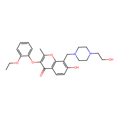 3-(2-ethoxyphenoxy)-7-hydroxy-8-((4-(2-hydroxyethyl)piperazin-1-yl)methyl)-2-methyl-4H-chromen-4-one structure
