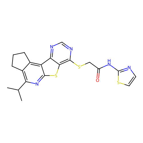 2-((4-isopropyl-2,3-dihydro-1H-cyclopenta[4',5']pyrido[3',2':4,5]thieno[3,2-d]pyrimidin-7-yl)thio)-N-(thiazol-2-yl)acetamide structure