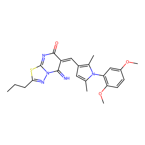 (6E)-6-[[1-(2,5-dimethoxyphenyl)-2,5-dimethylpyrrol-3-yl]methylidene]-5-imino-2-propyl-[1,3,4]thiadiazolo[3,2-a]pyrimidin-7-one structure