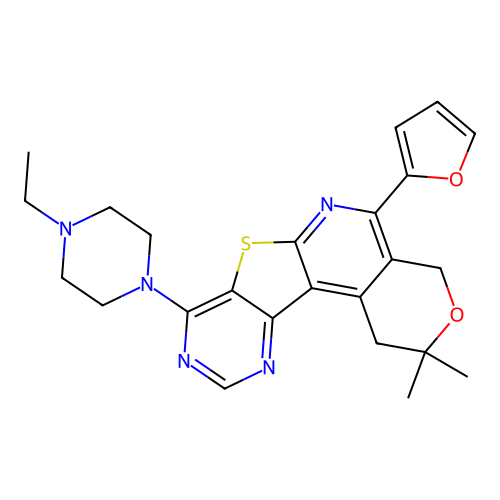 8-(4-ethylpiperazin-1-yl)-5-(furan-2-yl)-2,2-dimethyl-1,4-dihydro-2H-pyrano[4'',3'':4',5']pyrido[3',2':4,5]thieno[3,2-d]pyrimidine structure