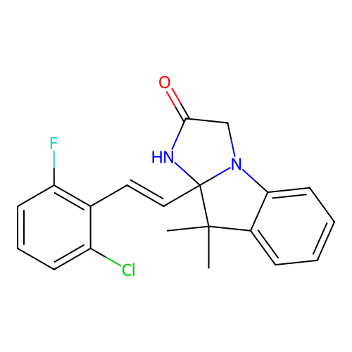 (E)-9a-(2-chloro-6-fluorostyryl)-9,9-dimethyl-9,9a-dihydro-1H-imidazo[1,2-a]indol-2(3H)-one structure