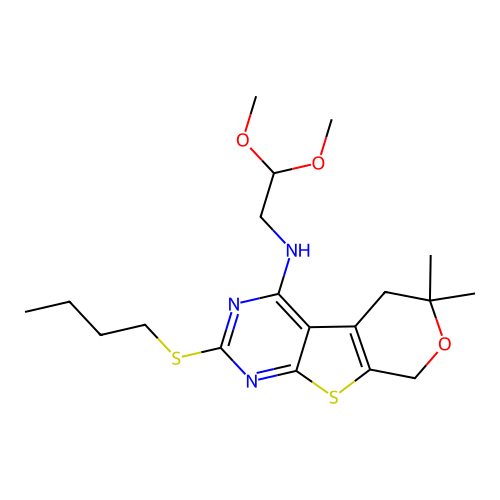 2-(butylsulfanyl)-N-(2,2-dimethoxyethyl)-6,6-dimethyl-5,8-dihydro-6H-pyrano[4',3':4,5]thieno[2,3-d]pyrimidin-4-amine structure