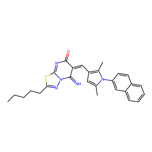 (6E)-6-[(2,5-dimethyl-1-naphthalen-2-ylpyrrol-3-yl)methylidene]-5-imino-2-pentyl-[1,3,4]thiadiazolo[3,2-a]pyrimidin-7-one structure