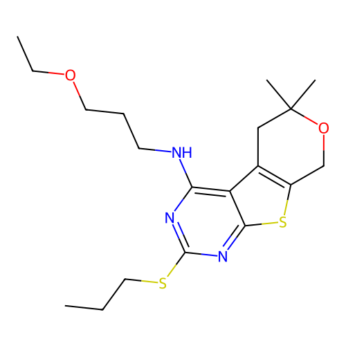 N-(3-ethoxypropyl)-6,6-dimethyl-2-(propylsulfanyl)-5,8-dihydro-6H-pyrano[4',3':4,5]thieno[2,3-d]pyrimidin-4-amine structure