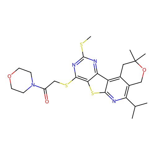 2-((5-isopropyl-2,2-dimethyl-10-(methylthio)-2,4-dihydro-1H-pyrano[4'',3'':4',5']pyrido[3',2':4,5]thieno[3,2-d]pyrimidin-8-yl)thio)-1-morpholinoethanone structure