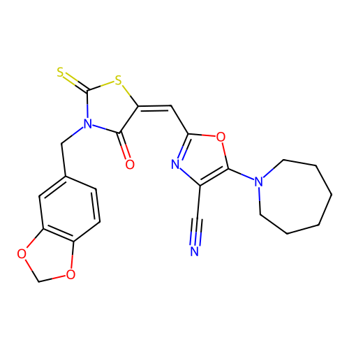 (E)-5-(azepan-1-yl)-2-((3-(benzo[d][1,3]dioxol-5-ylmethyl)-4-oxo-2-thioxothiazolidin-5-ylidene)methyl)oxazole-4-carbonitrile structure