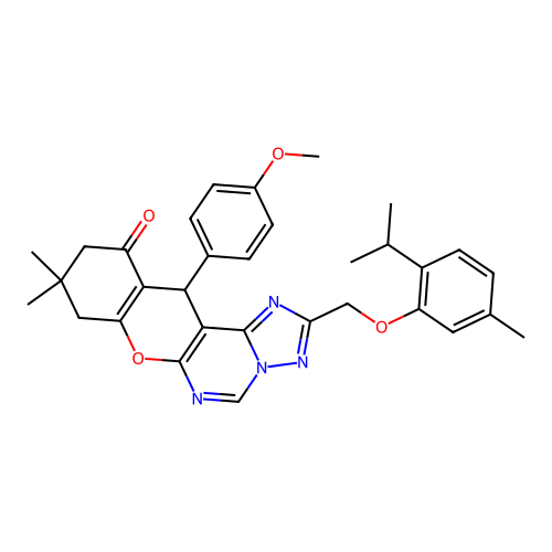 12-(4-methoxyphenyl)-9,9-dimethyl-2-{[5-methyl-2-(propan-2-yl)phenoxy]methyl}-8,9,10,12-tetrahydro-11H-chromeno[3,2-e][1,2,4]triazolo[1,5-c]pyrimidin-11-one structure