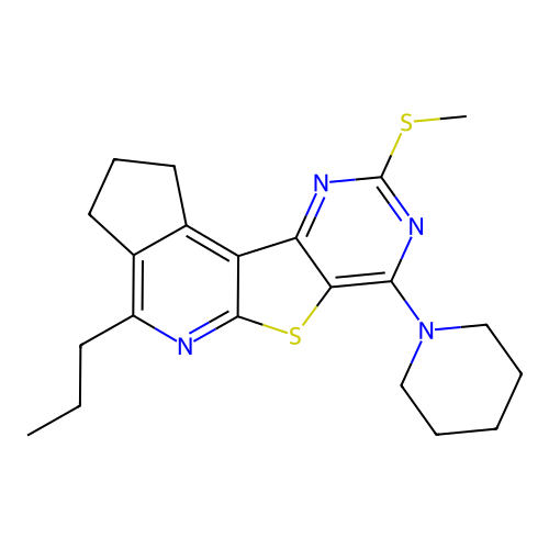 9-(methylsulfanyl)-7-(piperidin-1-yl)-4-propyl-2,3-dihydro-1H-cyclopenta[4',5']pyrido[3',2':4,5]thieno[3,2-d]pyrimidine structure