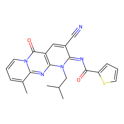 (E)-N-(3-cyano-1-isobutyl-10-methyl-5-oxo-1H-dipyrido[1,2-a:2',3'-d]pyrimidin-2(5H)-ylidene)thiophene-2-carboxamide structure