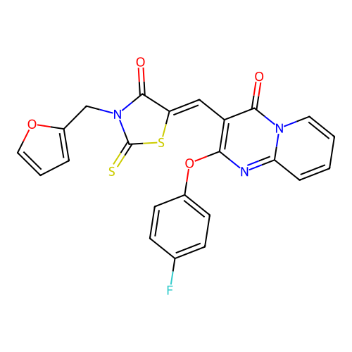 2-(4-fluorophenoxy)-3-{(Z)-[3-(furan-2-ylmethyl)-4-oxo-2-thioxo-1,3-thiazolidin-5-ylidene]methyl}-4H-pyrido[1,2-a]pyrimidin-4-one structure