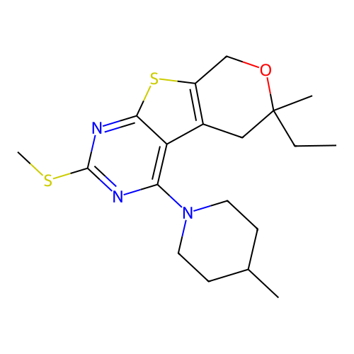 6-ethyl-6-methyl-4-(4-methylpiperidin-1-yl)-2-(methylsulfanyl)-5,8-dihydro-6H-pyrano[4',3':4,5]thieno[2,3-d]pyrimidine structure