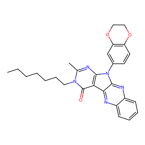 11-(2,3-dihydro-1,4-benzodioxin-6-yl)-3-heptyl-2-methyl-3,11-dihydro-4H-pyrimido[5',4':4,5]pyrrolo[2,3-b]quinoxalin-4-one structure