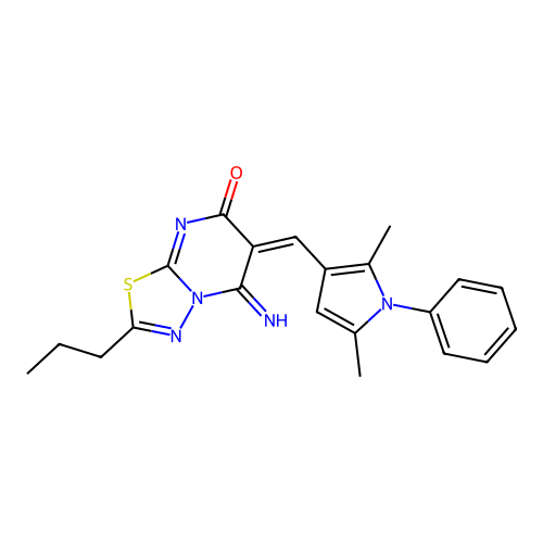 (6E)-6-[(2,5-dimethyl-1-phenyl-1H-pyrrol-3-yl)methylidene]-5-imino-2-propyl-5,6-dihydro-7H-[1,3,4]thiadiazolo[3,2-a]pyrimidin-7-one structure