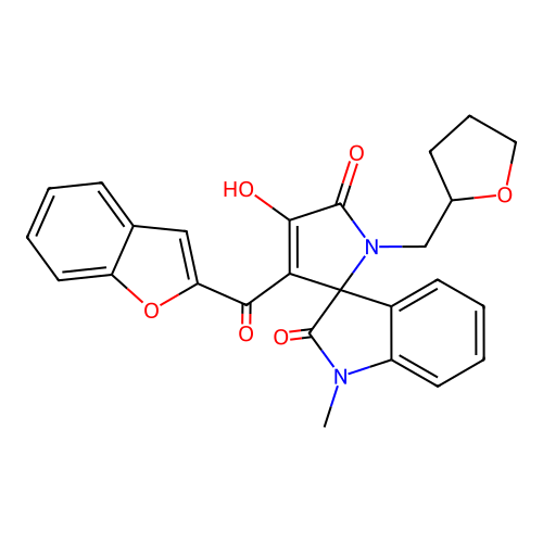 3'-(1-benzofuran-2-ylcarbonyl)-4'-hydroxy-1-methyl-1'-(tetrahydrofuran-2-ylmethyl)spiro[indole-3,2'-pyrrole]-2,5'(1H,1'H)-dione structure