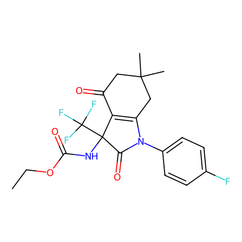 ethyl [1-(4-fluorophenyl)-6,6-dimethyl-2,4-dioxo-3-(trifluoromethyl)-2,3,4,5,6,7-hexahydro-1H-indol-3-yl]carbamate structure
