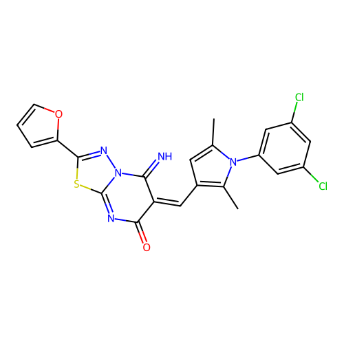 (E)-6-((1-(3,5-dichlorophenyl)-2,5-dimethyl-1H-pyrrol-3-yl)methylene)-2-(furan-2-yl)-5-imino-5H-[1,3,4]thiadiazolo[3,2-a]pyrimidin-7(6H)-one structure