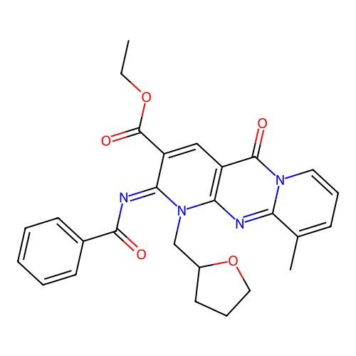 (Z)-ethyl 2-(benzoylimino)-10-methyl-5-oxo-1-((tetrahydrofuran-2-yl)methyl)-2,5-dihydro-1H-dipyrido[1,2-a:2',3'-d]pyrimidine-3-carboxylate structure