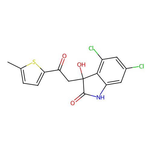 4,6-dichloro-3-hydroxy-3-(2-(5-methylthiophen-2-yl)-2-oxoethyl)indolin-2-one structure