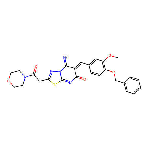 (6Z)-5-imino-6-[(3-methoxy-4-phenylmethoxyphenyl)methylidene]-2-(2-morpholin-4-yl-2-oxoethyl)-[1,3,4]thiadiazolo[3,2-a]pyrimidin-7-one structure