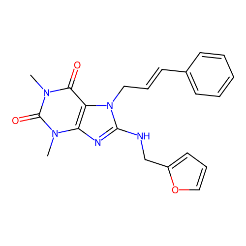 7-[(E)-cinnamyl]-8-(2-furfurylamino)-1,3-dimethyl-xanthine structure