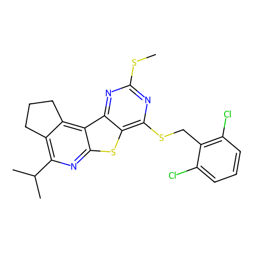 7-((2,6-dichlorobenzyl)thio)-4-isopropyl-9-(methylthio)-2,3-dihydro-1H-cyclopenta[4',5']pyrido[3',2':4,5]thieno[3,2-d]pyrimidine structure
