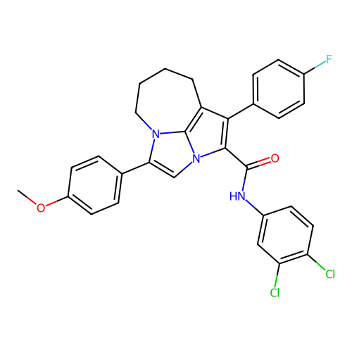 N-(3,4-dichlorophenyl)-1-(4-fluorophenyl)-4-(4-methoxyphenyl)-5,6,7,8-tetrahydro-2a,4a-diazacyclopenta[cd]azulene-2-carboxamide structure