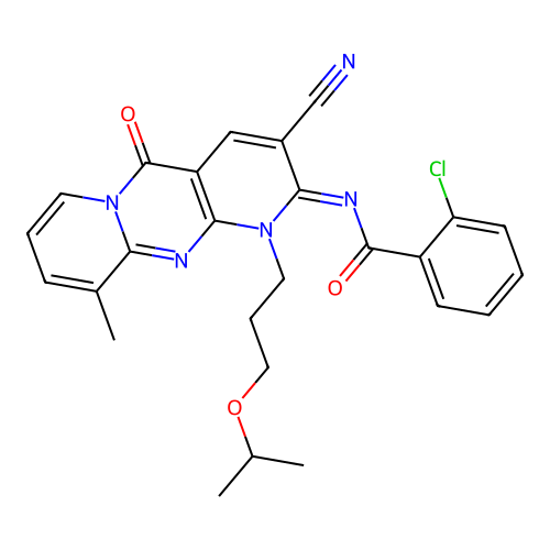 (E)-2-chloro-N-(3-cyano-1-(3-isopropoxypropyl)-10-methyl-5-oxo-1H-dipyrido[1,2-a:2',3'-d]pyrimidin-2(5H)-ylidene)benzamide structure