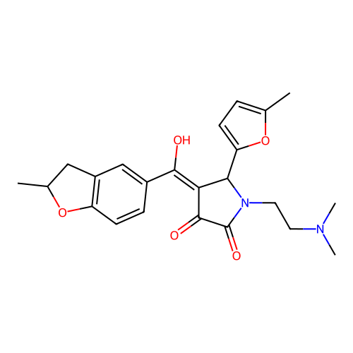 (4E)-1-(2-dimethylaminoethyl)-4-[hydroxy-(2-methyl-2,3-dihydro-1-benzofuran-5-yl)methylidene]-5-(5-methylfuran-2-yl)pyrrolidine-2,3-dione structure