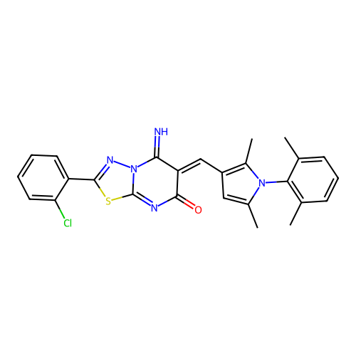 (6Z)-2-(2-chlorophenyl)-6-[[1-(2,6-dimethylphenyl)-2,5-dimethylpyrrol-3-yl]methylidene]-5-imino-[1,3,4]thiadiazolo[3,2-a]pyrimidin-7-one structure