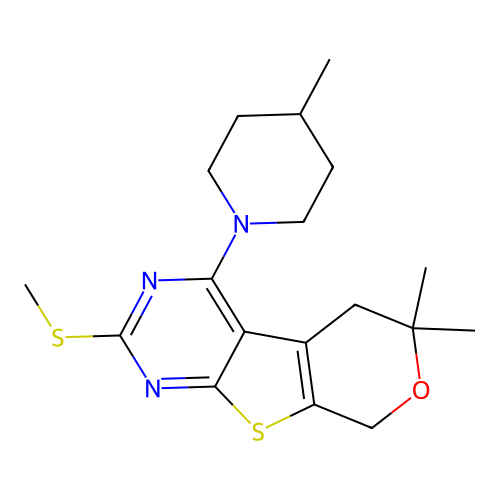 6,6-dimethyl-4-(4-methylpiperidin-1-yl)-2-(methylsulfanyl)-5,8-dihydro-6H-pyrano[4',3':4,5]thieno[2,3-d]pyrimidine structure